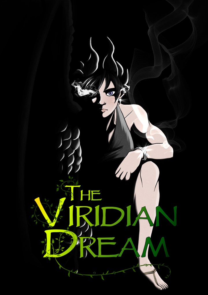 Nova the Tempest crouches in shadow with light shining down from her right. Where the light hits, she looks human, showing pale skin, a toned physique, and her arm balanced on her knee. The rest of her is in shadow, but faint hints of light show her horns, scales and wings. In front of her is the logo for The Viridian Dream.