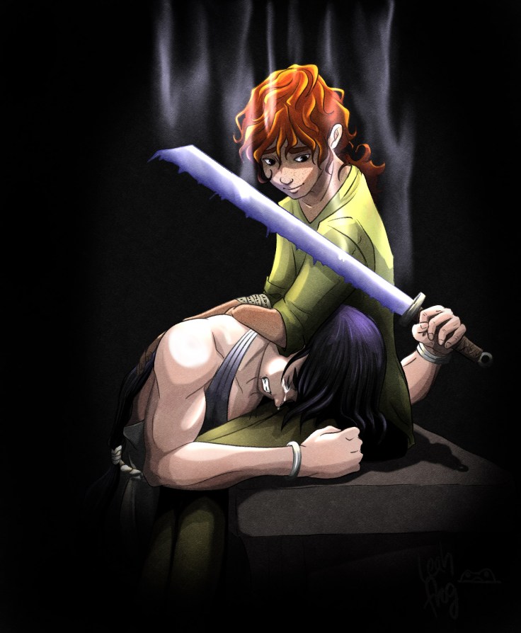 Rowan Spicer sits with Nova the Tempest’s head in his lap, his hand on her back comfortingly. She is crying and holding her sword that is pointed at his neck. Everything is in shadow except for a light shining down on Rowan who smiles at Nova kindly. 