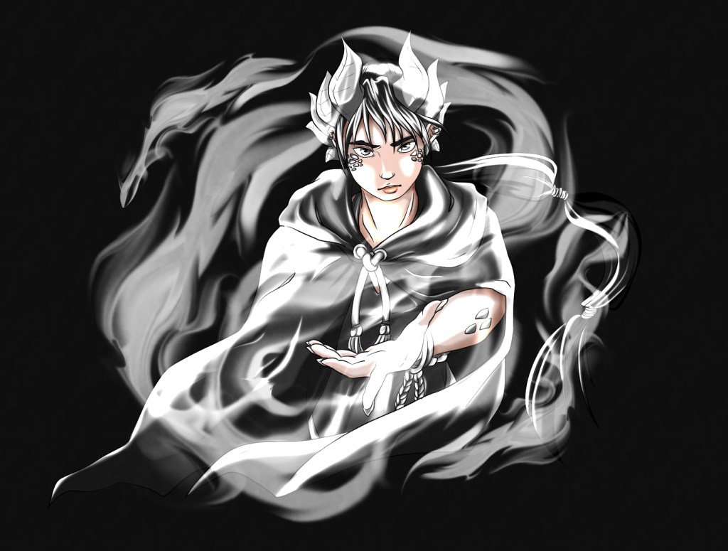 A woman with silver horns and a gray cloak reaches out towards you with an open hand. She has long hair separated into three sections and all around her is a spiral of silver fire.