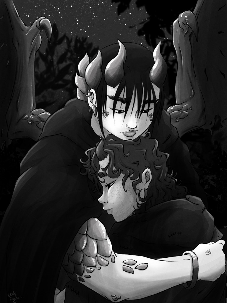 Grayscale artwork of Nova the Tempest hugging Rowan Spicer. Rowan has tiny dragon horns and is wearing a patchwork cloak. Nova's wings are fanned out behind her, and behind them is the silhouette of a forest against the night sky.